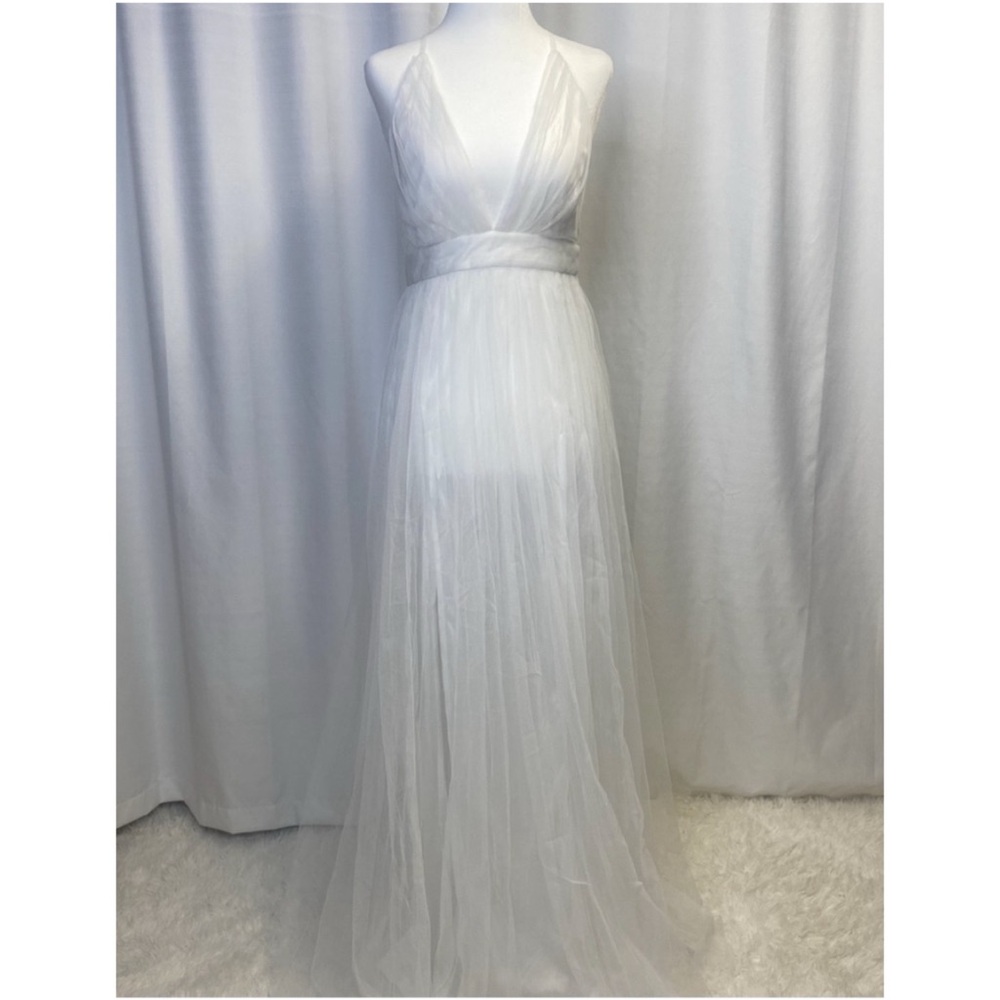 White Tulle V-Neck Maxi Dress With Slits. Size Small